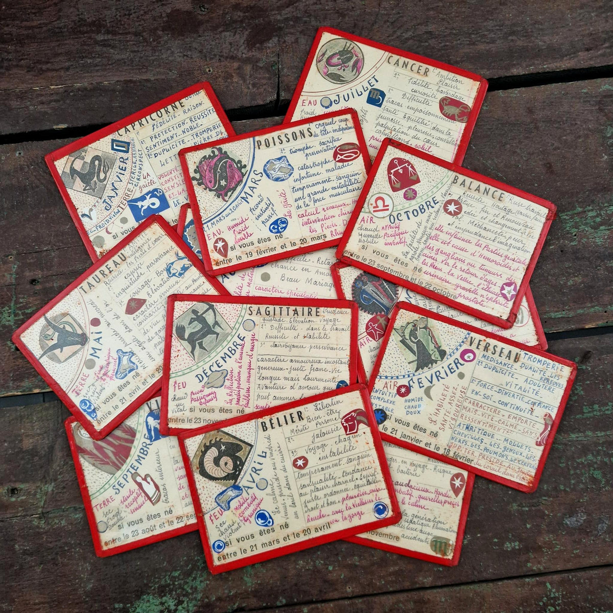 Série de 12 cartes astrologiques manuscrites