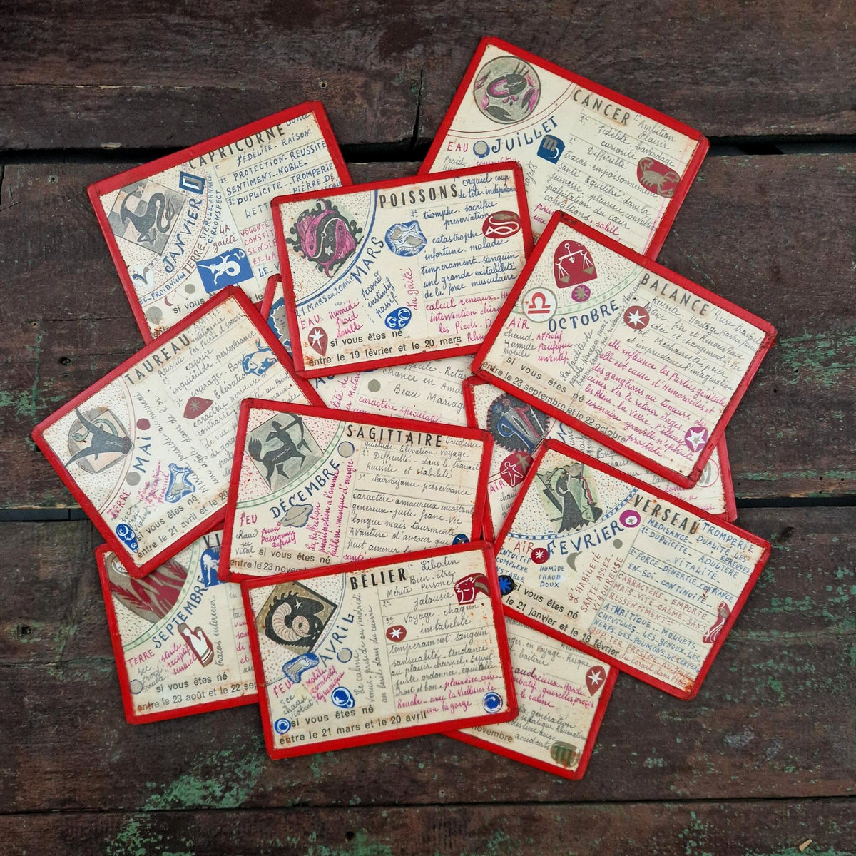 Série de 12 cartes astrologiques manuscrites