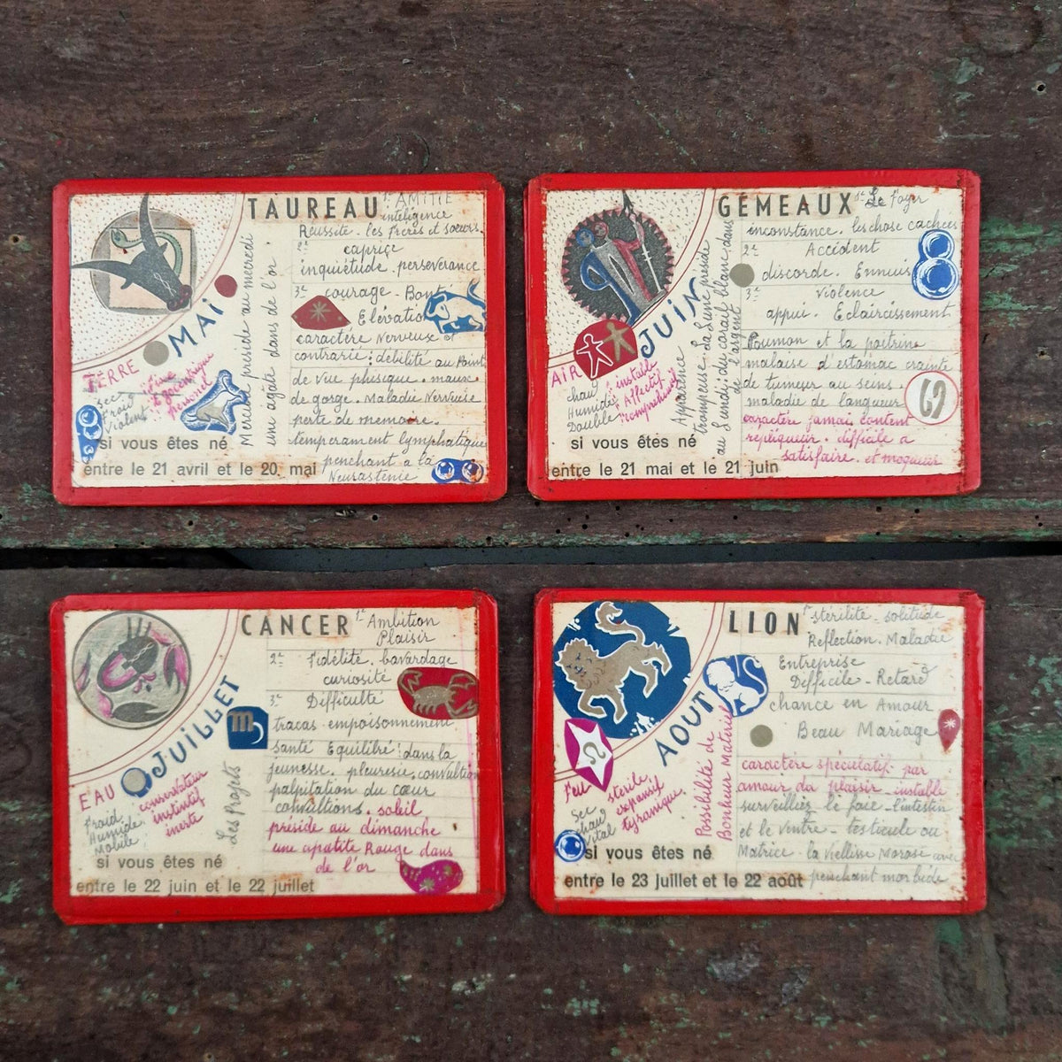 Série de 12 cartes astrologiques manuscrites