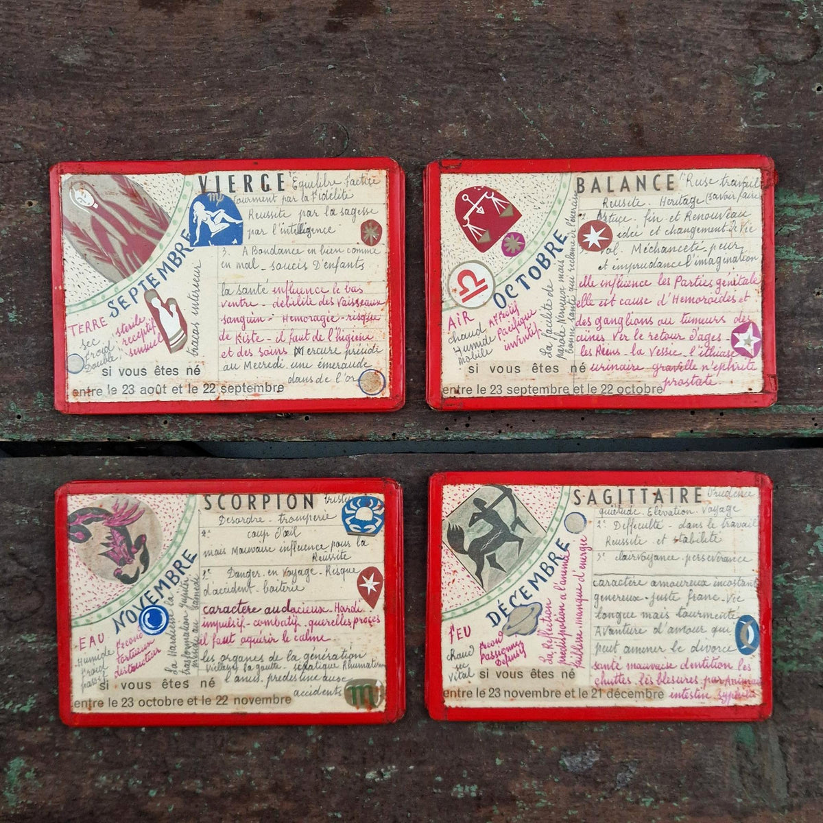 Série de 12 cartes astrologiques manuscrites