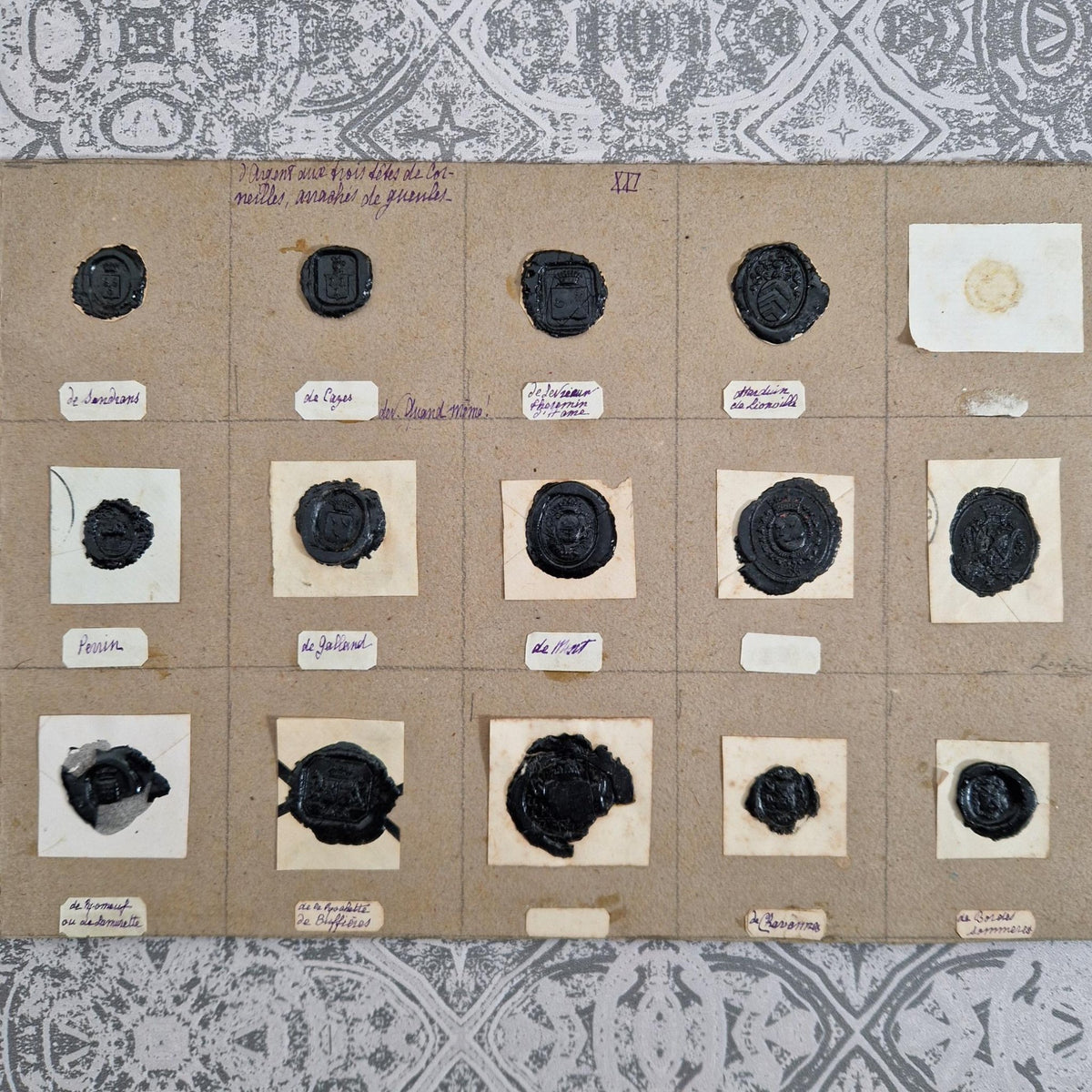Planche de 14 sceaux en cire noire - Écus et ornements