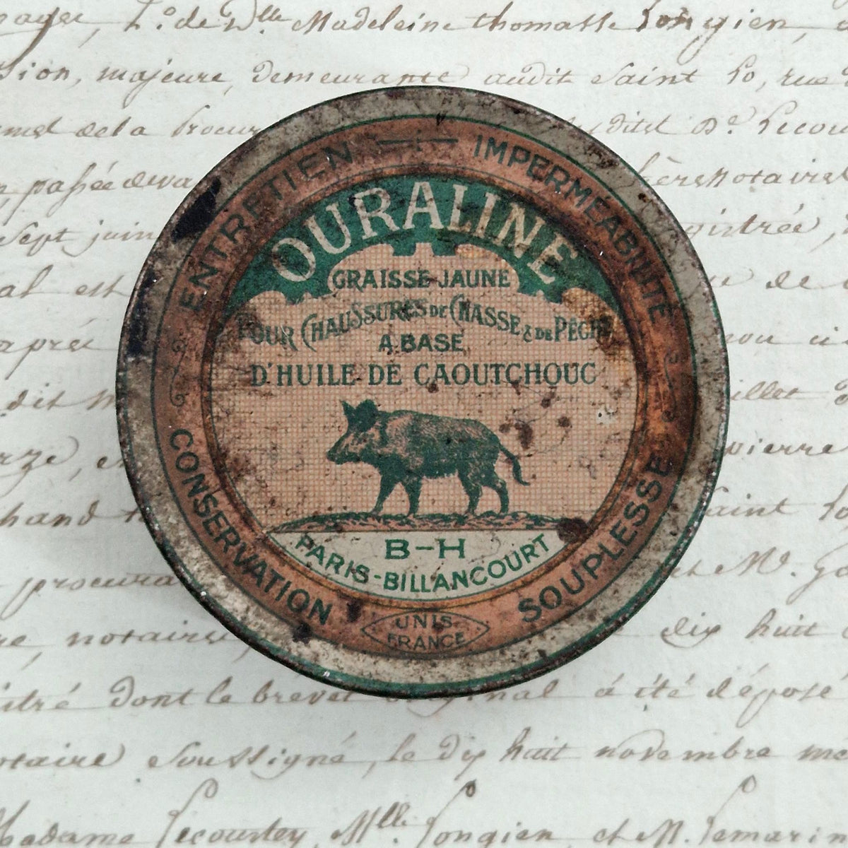 Ouraline boar grease advertising tin