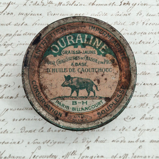 Boîte publicitaire de graisse Ouraline au sanglier