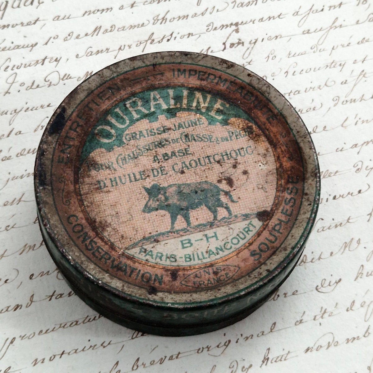 Ouraline boar grease advertising tin