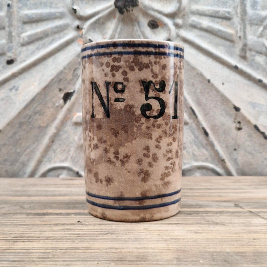 Archer’s tankard no. 51 in brown and blue speckled earthenware
