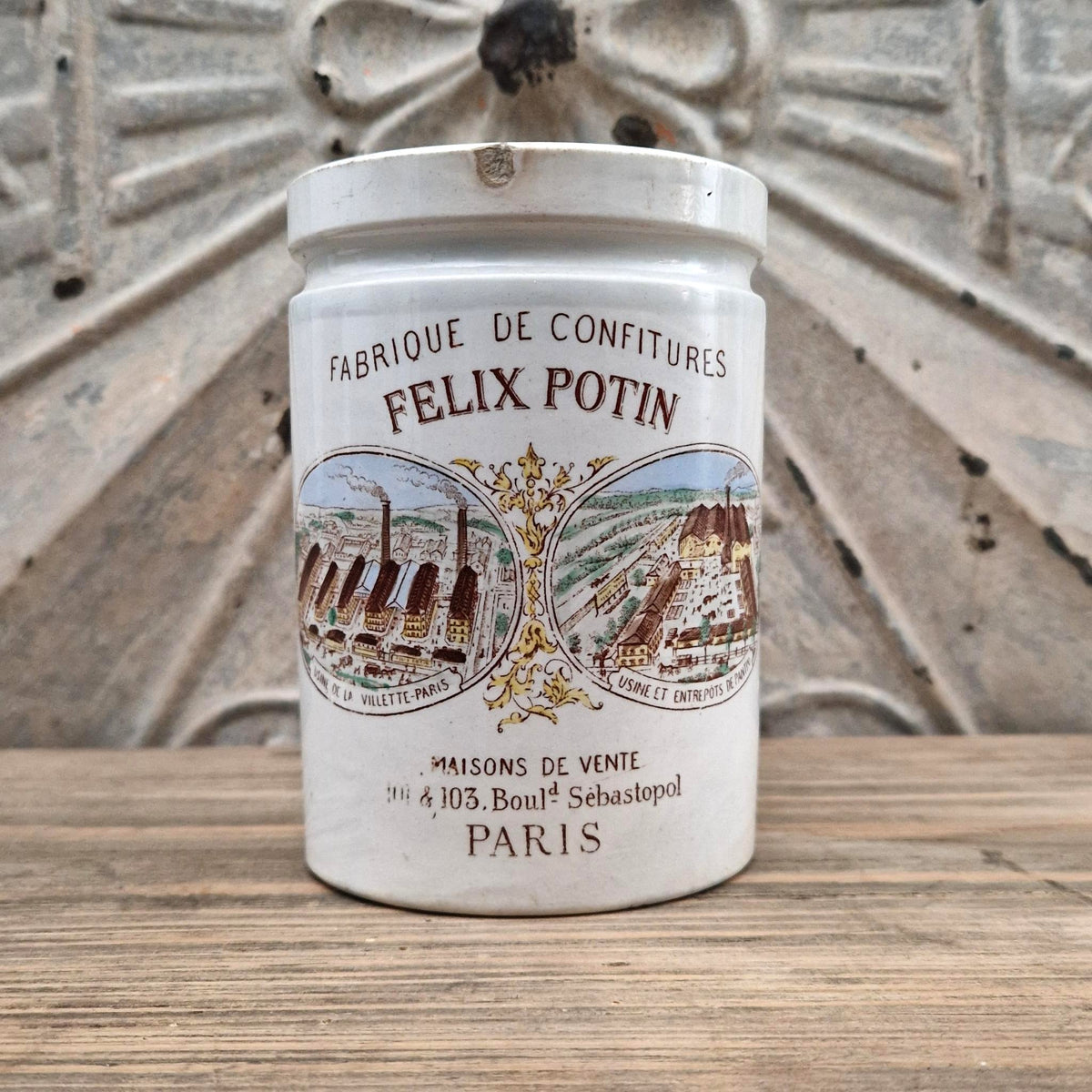 Ancien pot publicitaire polychrome  « Félix Potin »