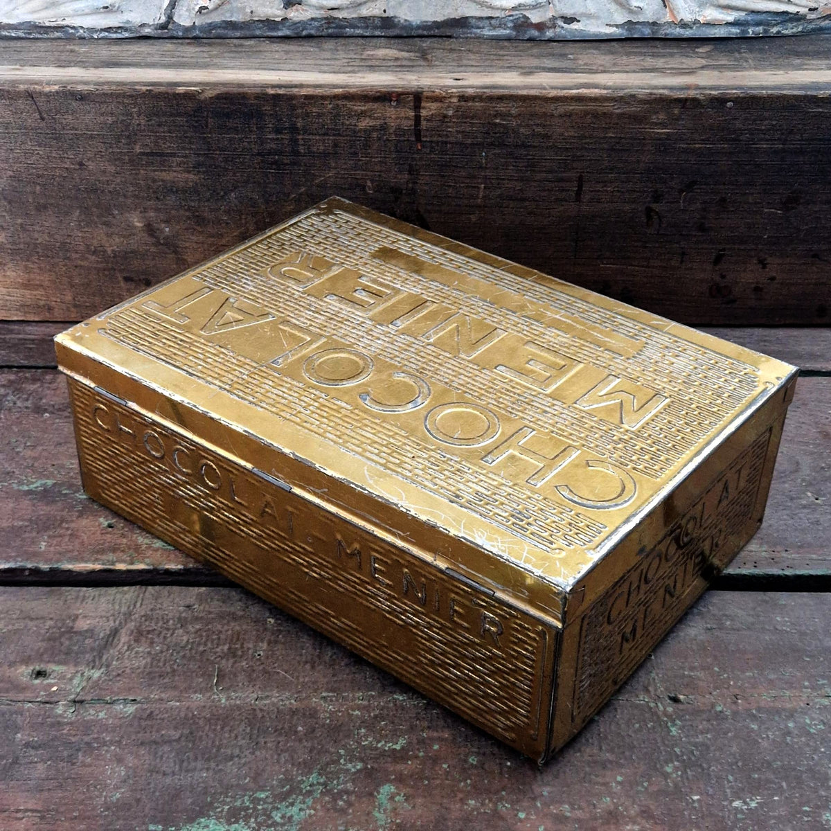 Ancienne boîte publicitaire Chocolat Menier XL - Métal doré