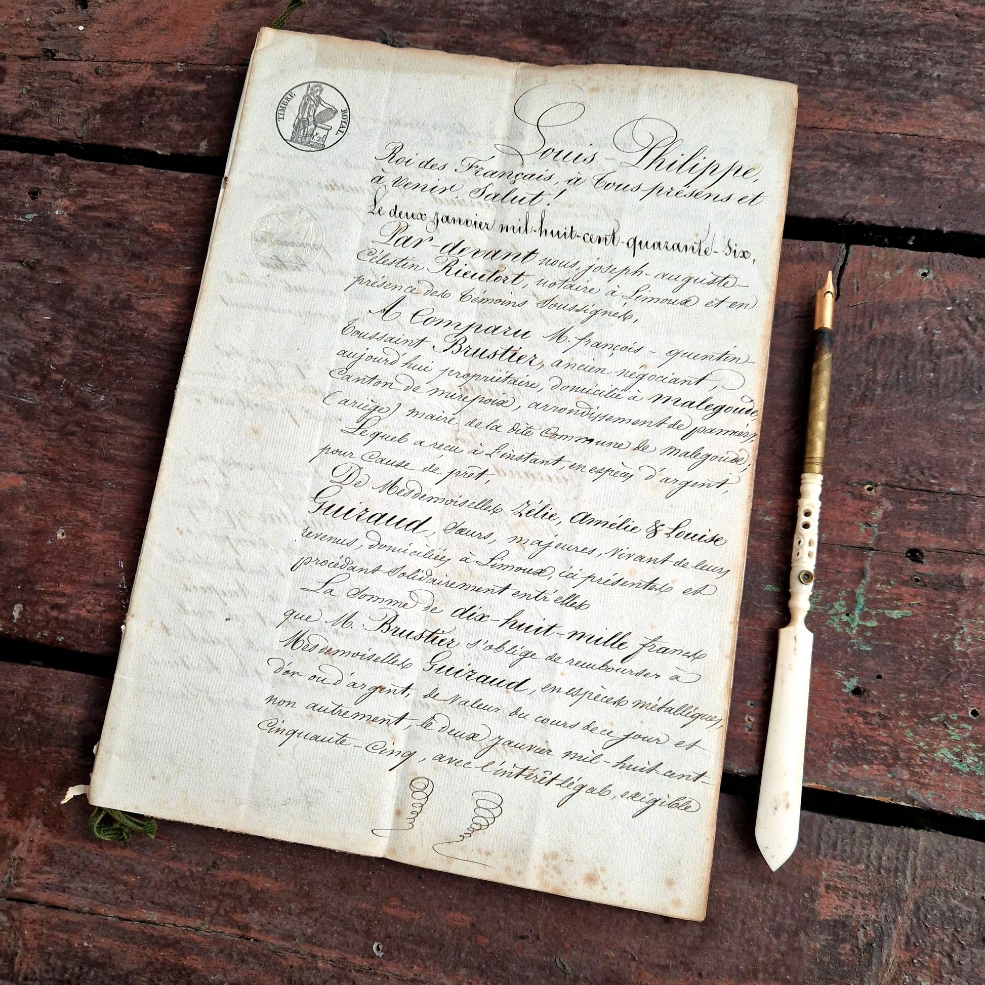 acte notarié  louis-philippe limoux 1846 recto