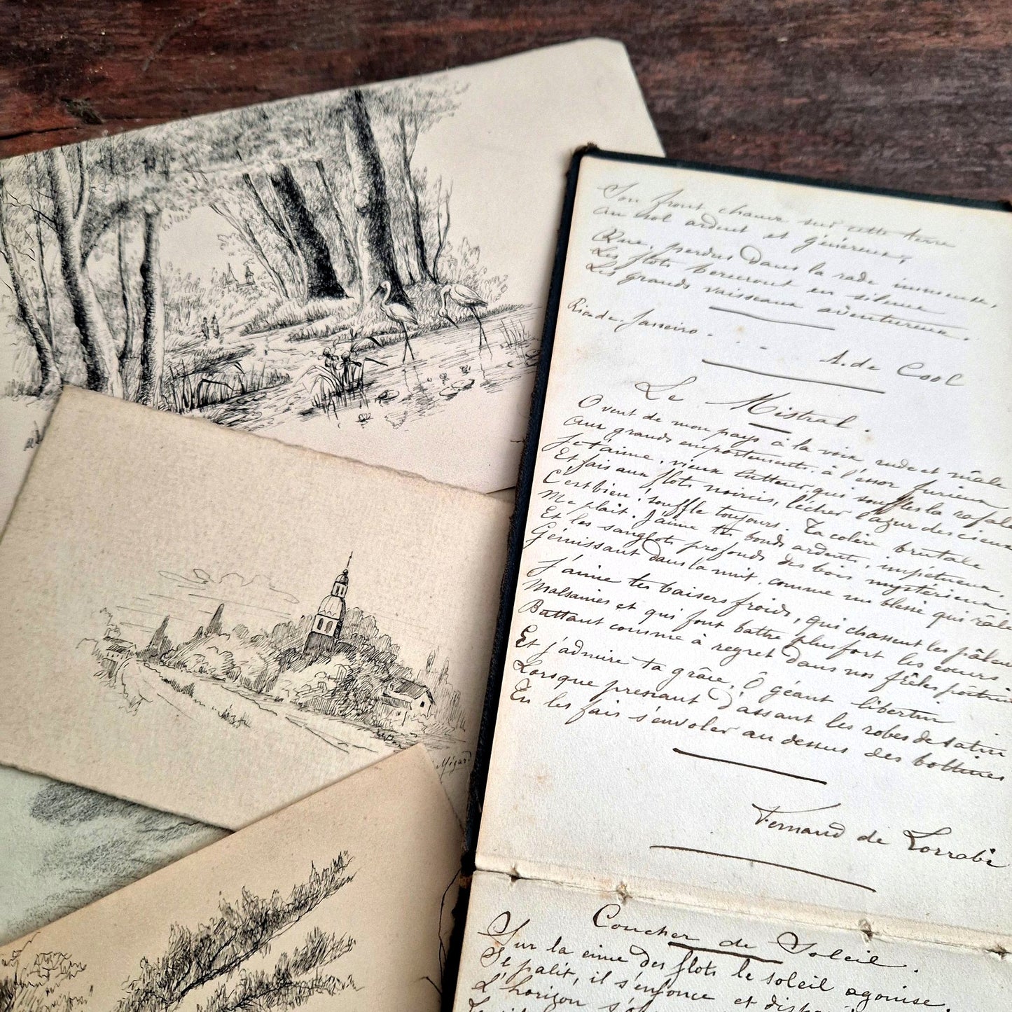 ancien carnet de dessins et poésies XIXe