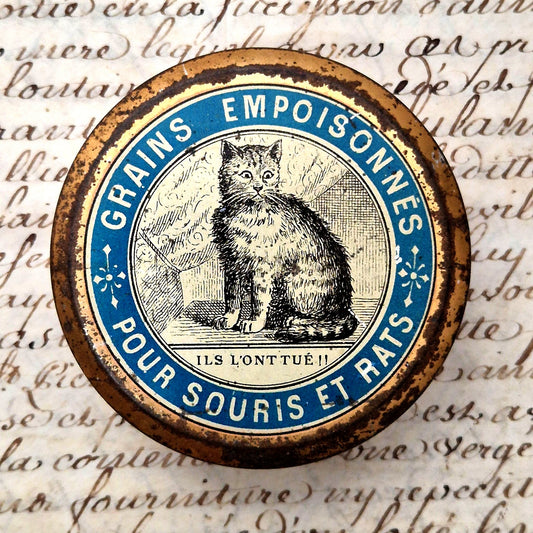 ancienne boite de grains empoisonnés chat