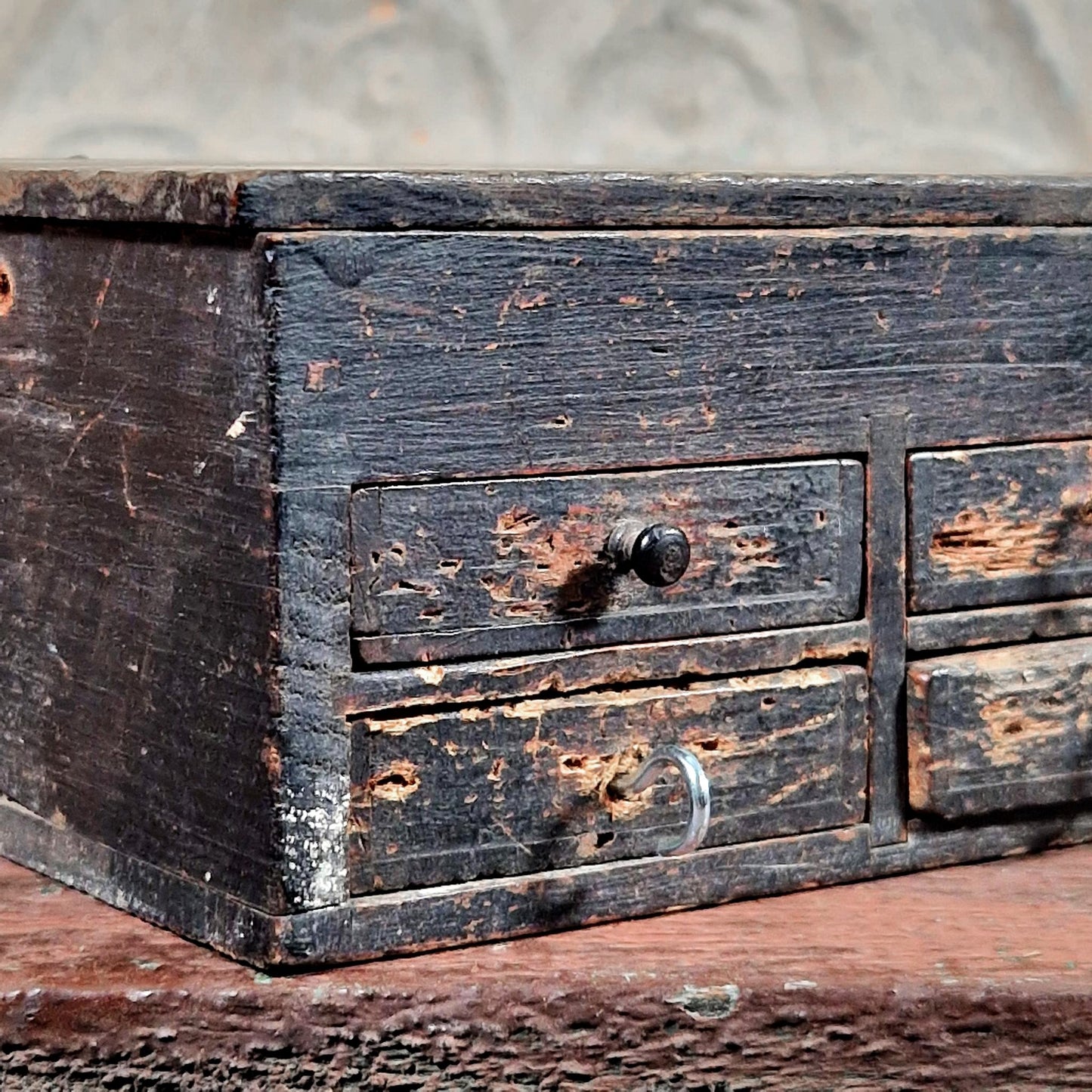 antique black wood box with compartments