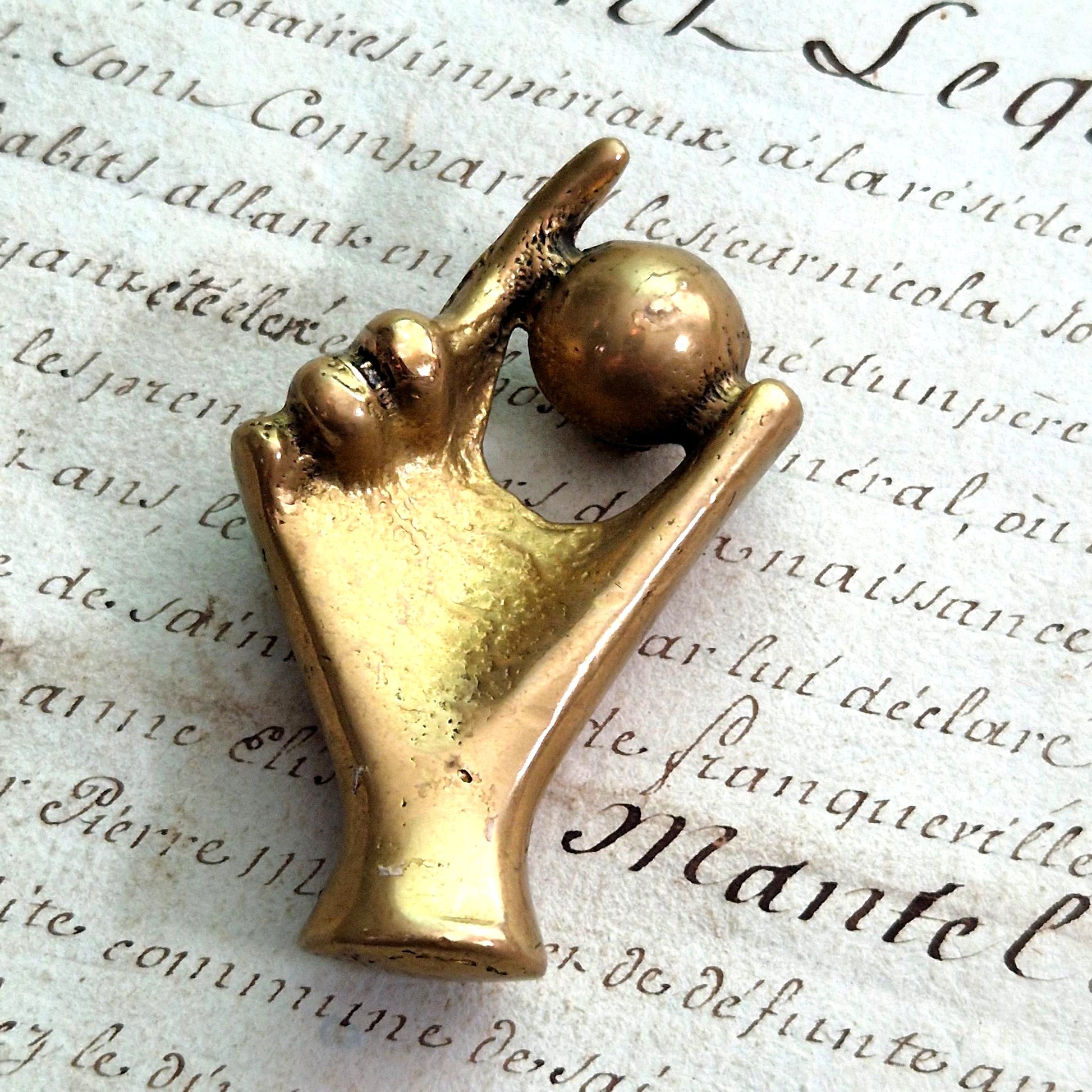 antique brass hand pen holder