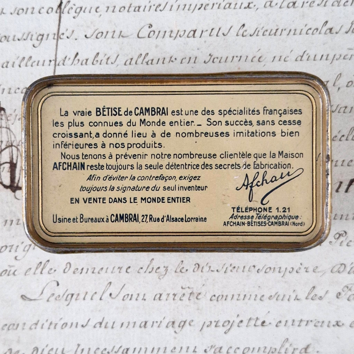 Boîte publicitaire “Bêtises de Cambrai – Afchain”