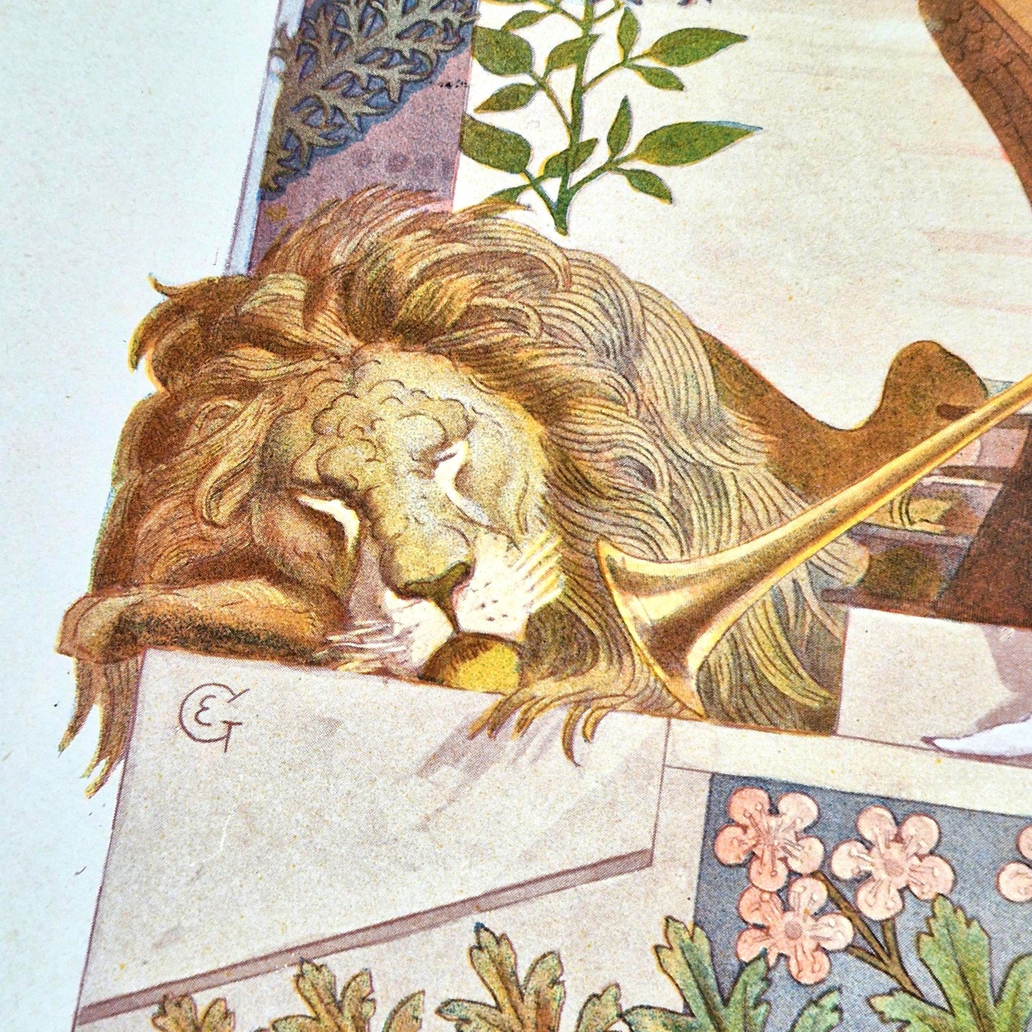 antique lithograph woman lion art nouveau
