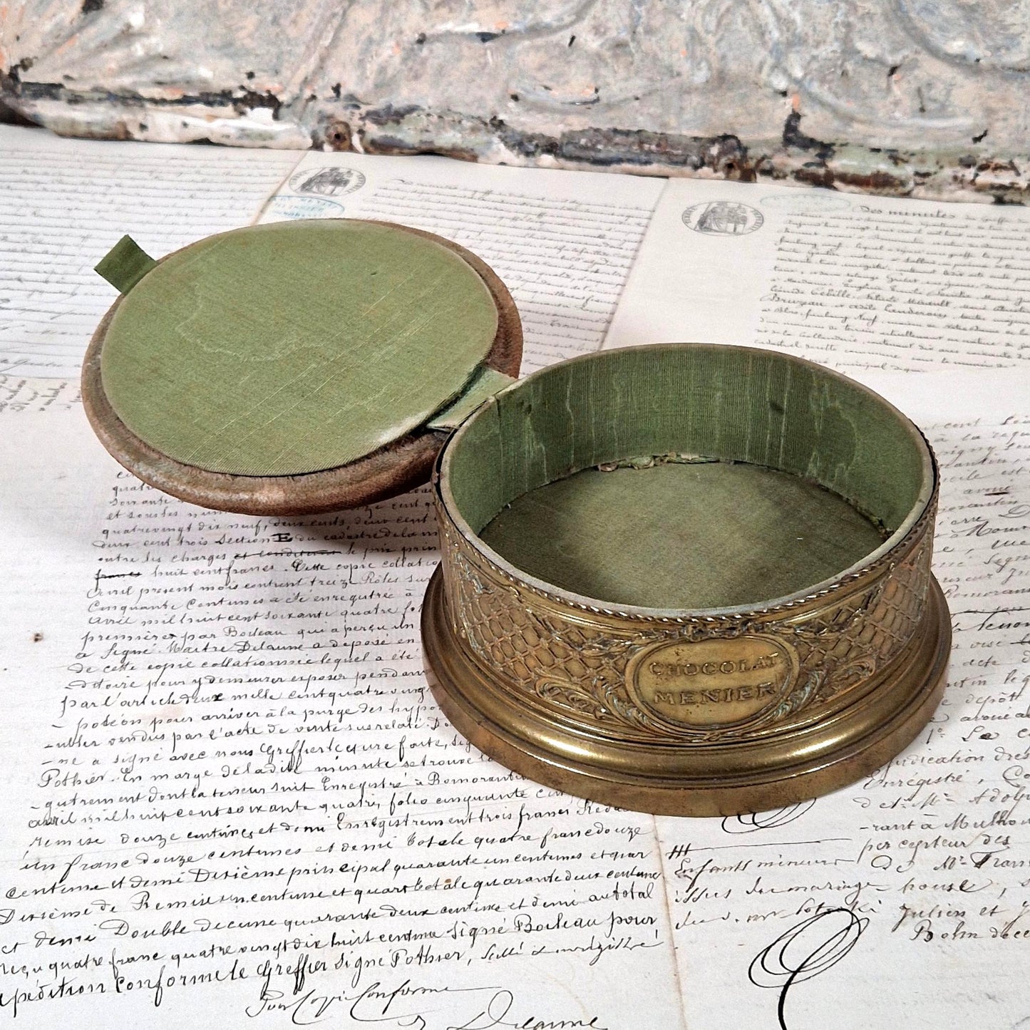 antique menier chocolate box brass