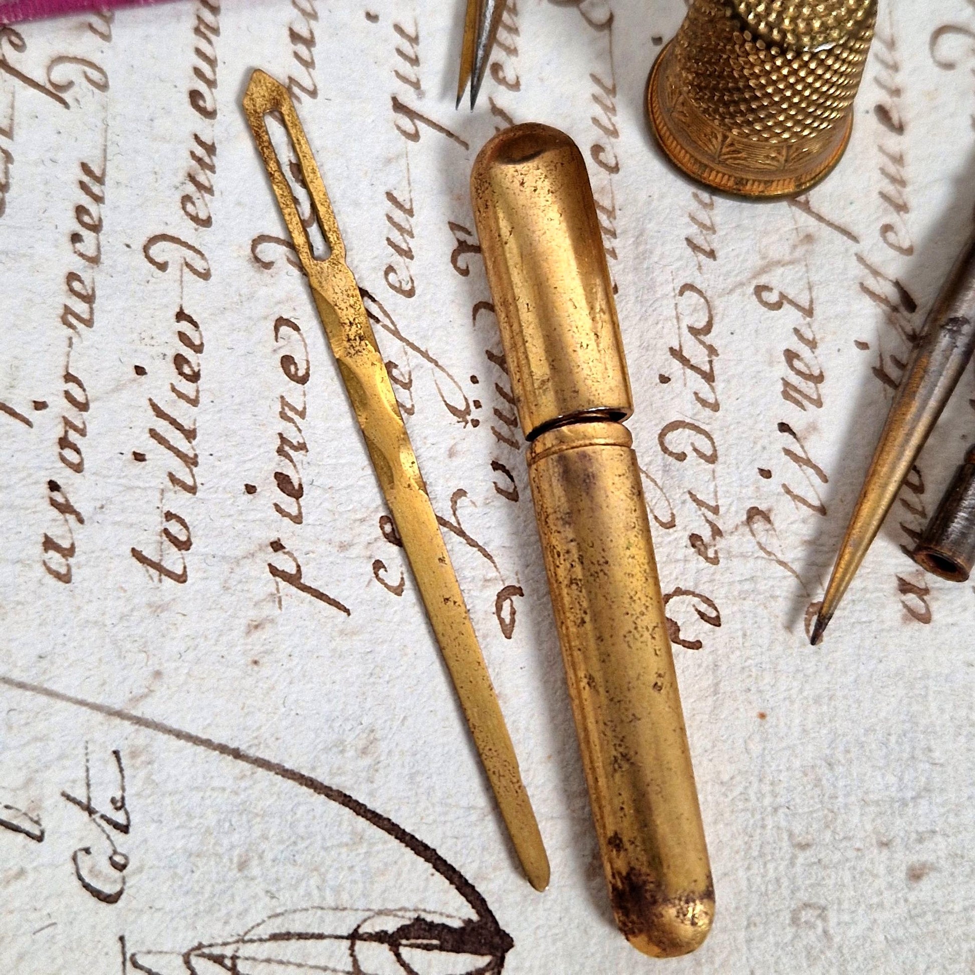 antique sewing kit embossed case