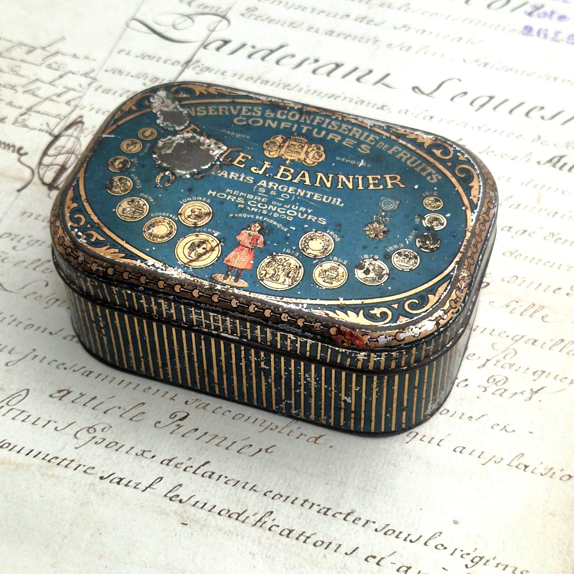 antique tin box j bannier paris france