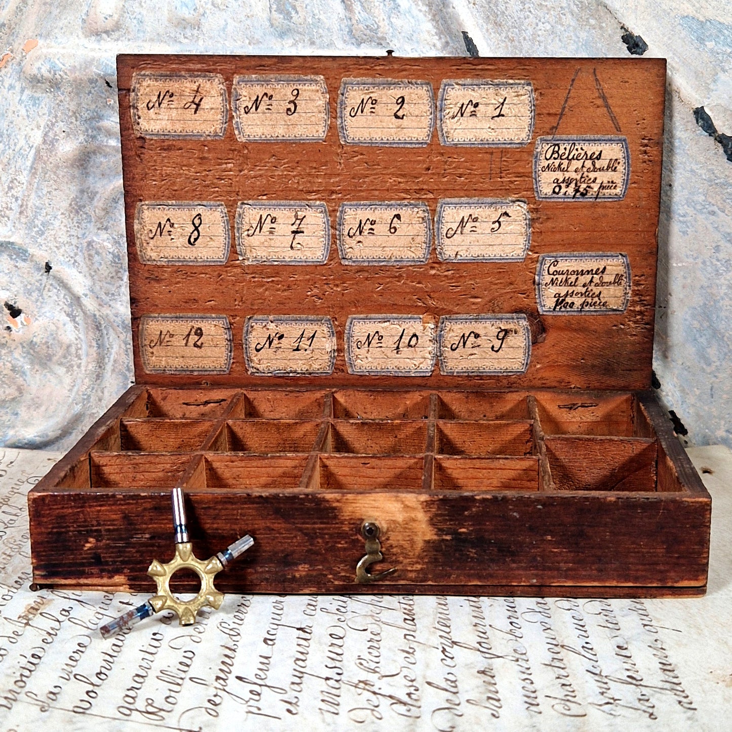 antique watchmaker key parts box