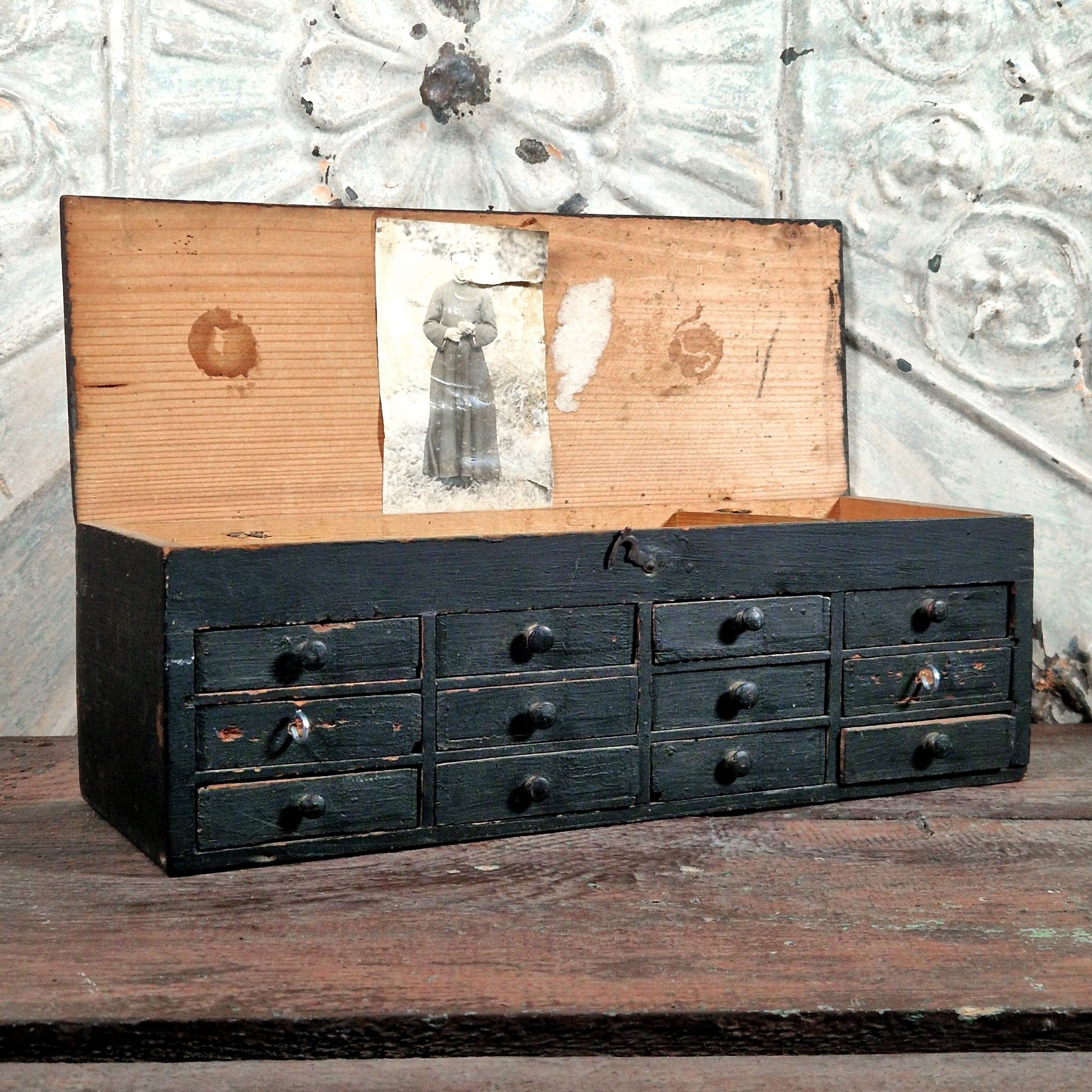 antique workshop box black paint