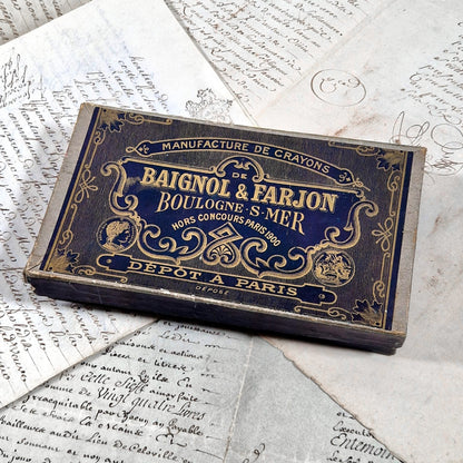 boite ancienne crayons baignol farjon bleu or