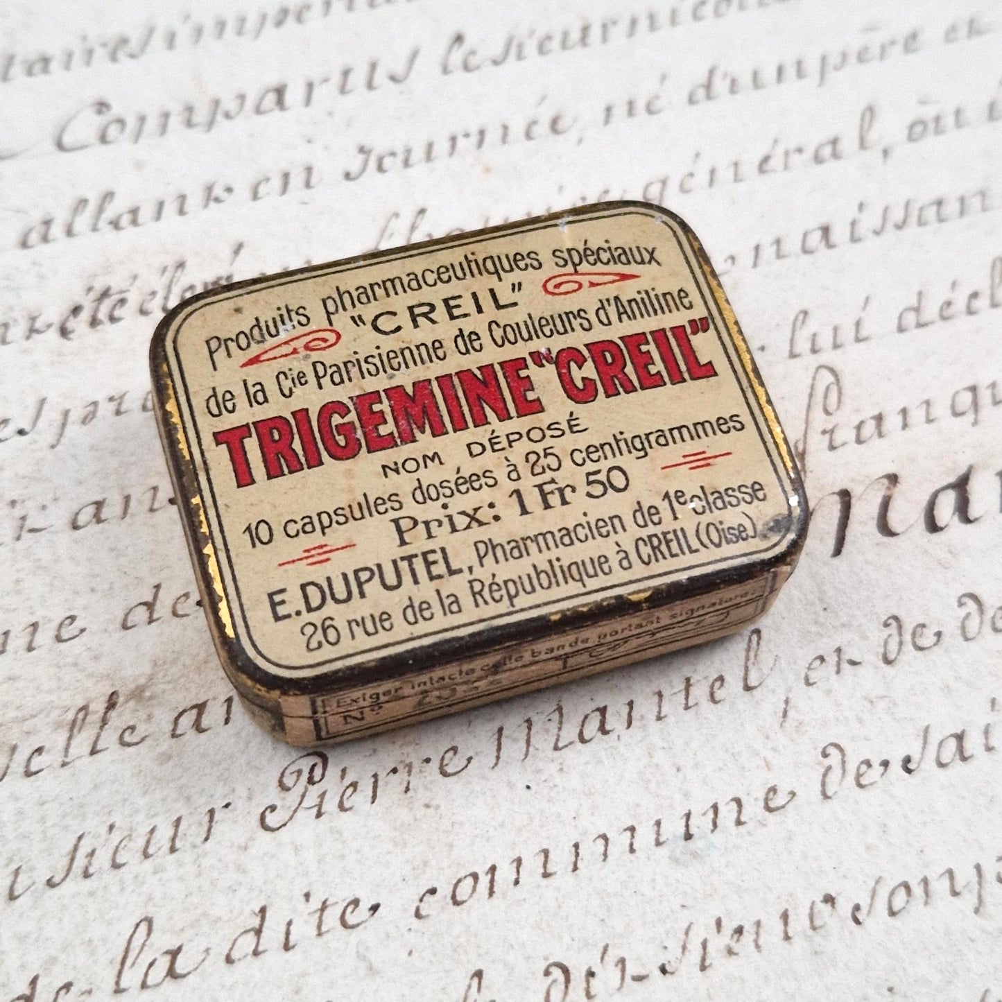 Boite pharmacie en tôle lithographiée « Trigémine Creil »