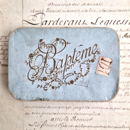 boite souvenir bapteme ancienne carton bleu