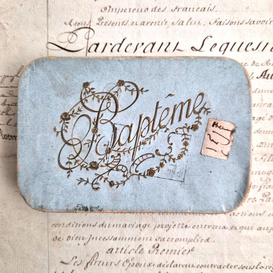 boite souvenir bapteme ancienne carton bleu