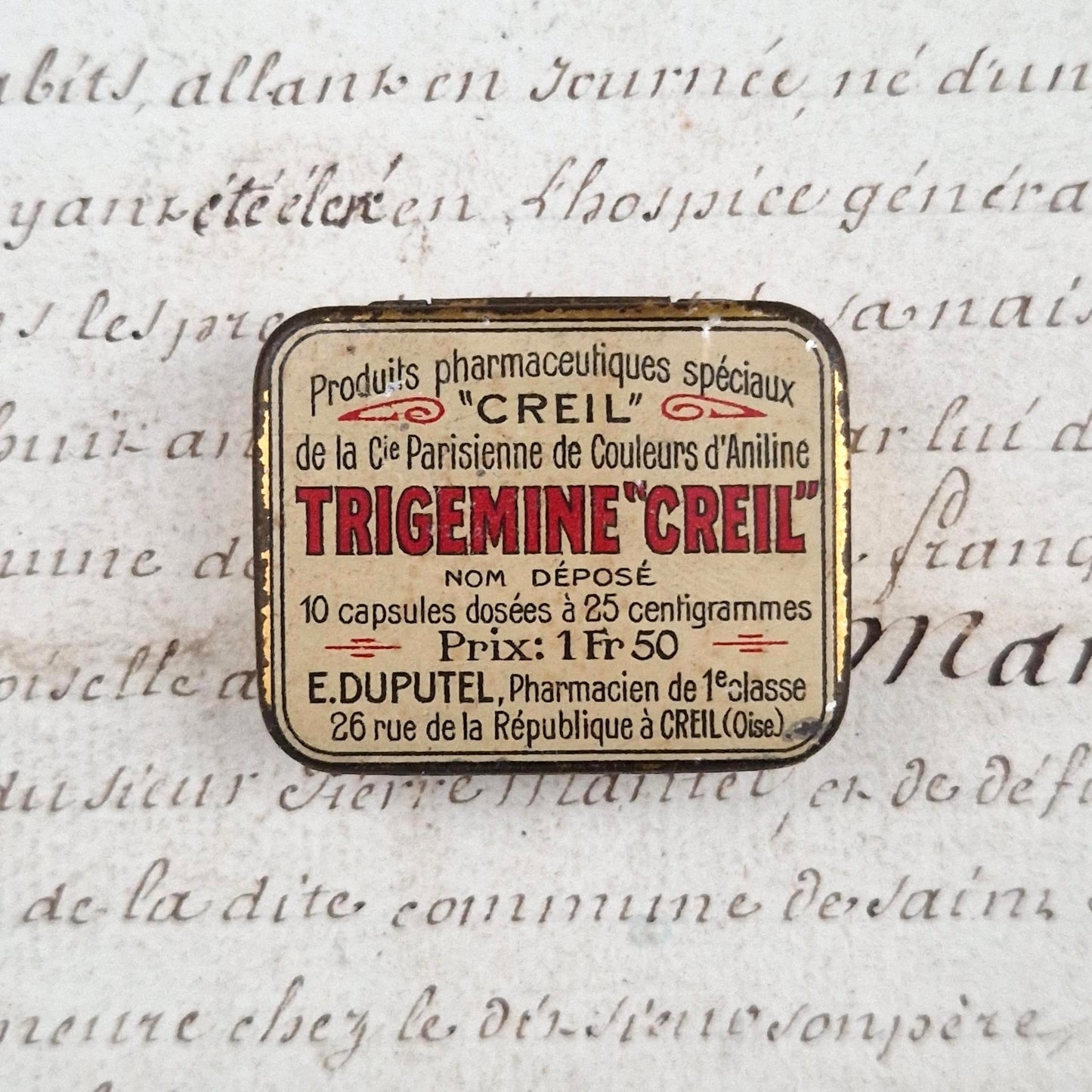 Boite pharmacie en tôle lithographiée « Trigémine Creil »