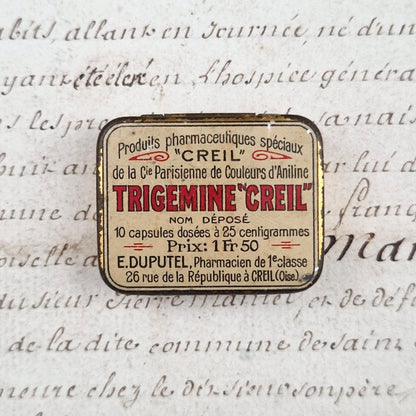 Boite pharmacie en tôle lithographiée « Trigémine Creil »