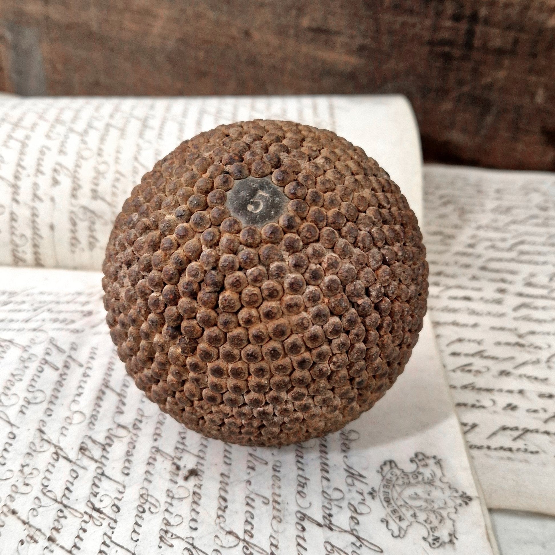 boule de jeu ancienne bois clouté n5