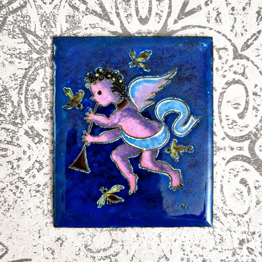 carreau émail naïf angelot et oiseaux