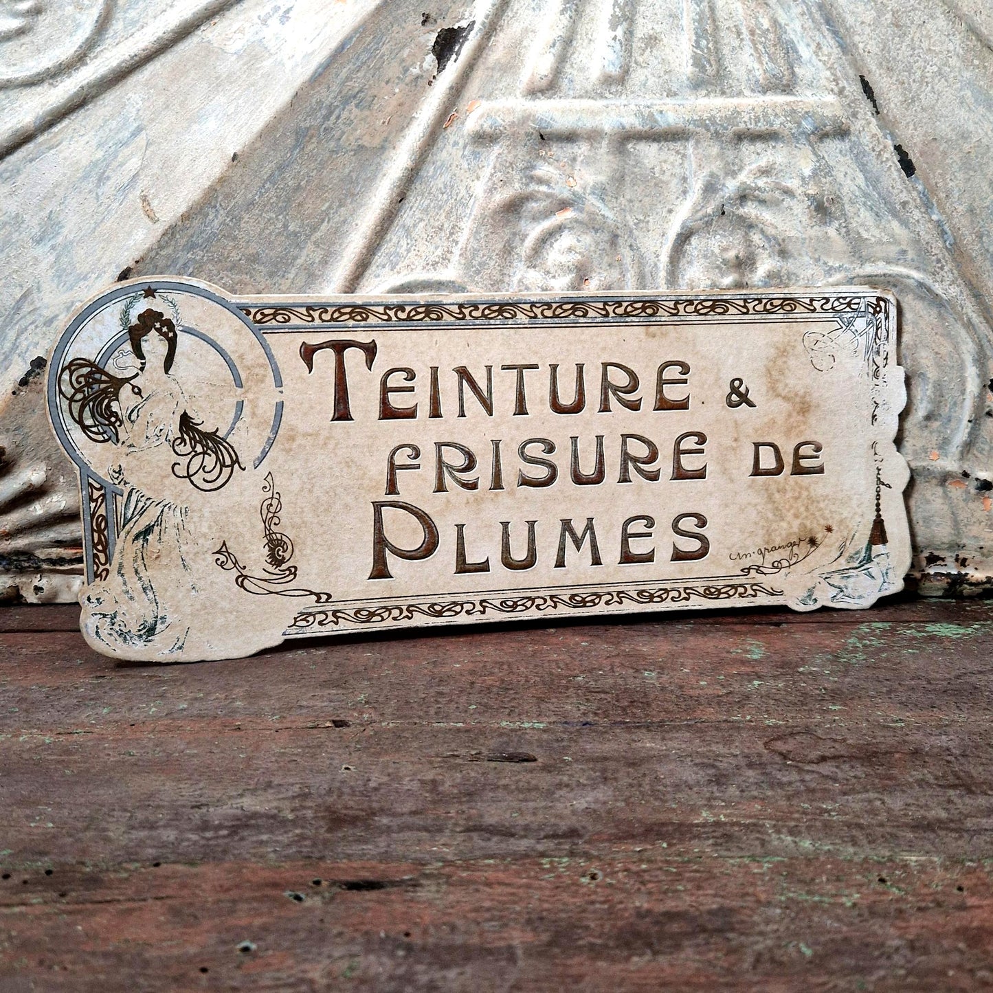 carton publicitaire teinture plumes art nouveau