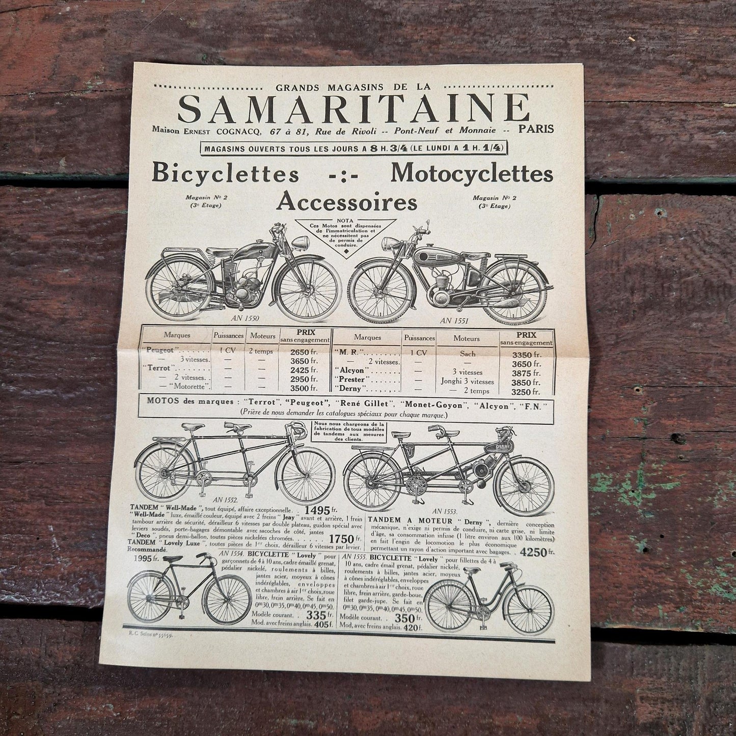 depliant samaritaine bicyclette motocyclette 1935