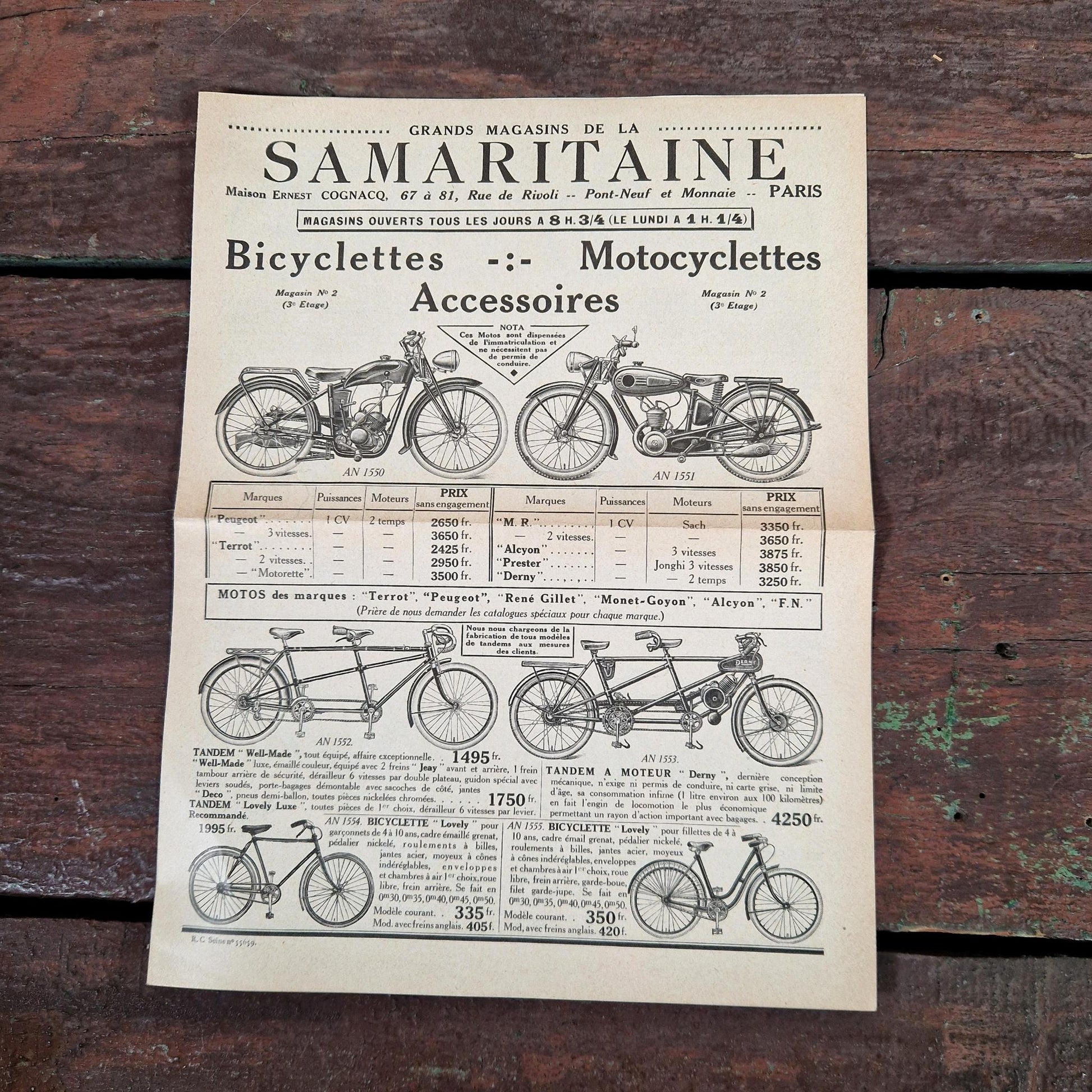 depliant samaritaine bicyclette motocyclette 1935