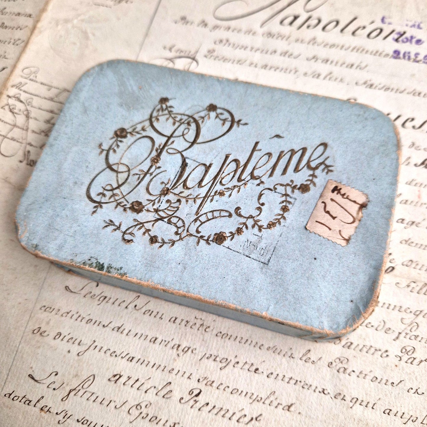 étui cartonné bapteme calligraphie vintage