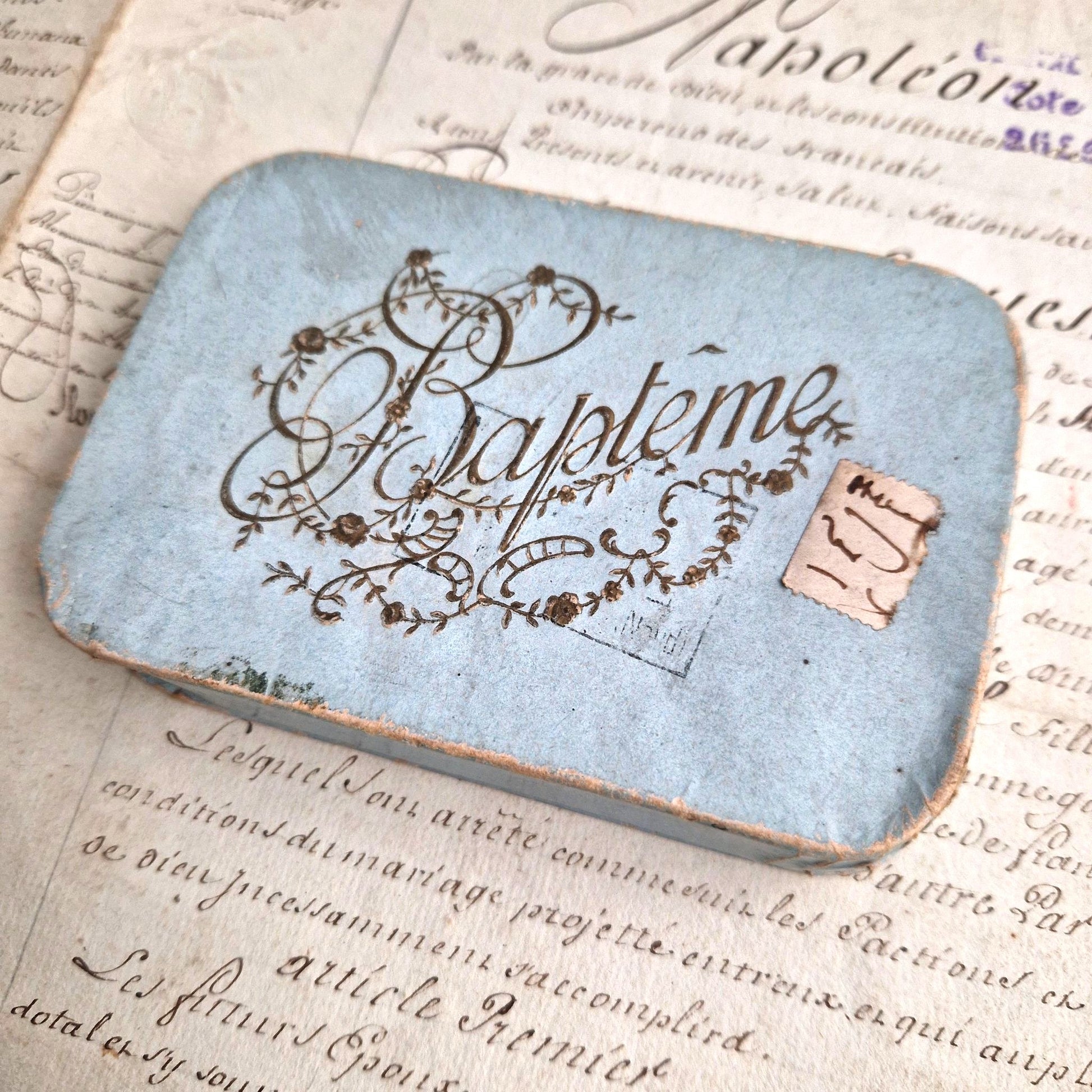 étui cartonné bapteme calligraphie vintage