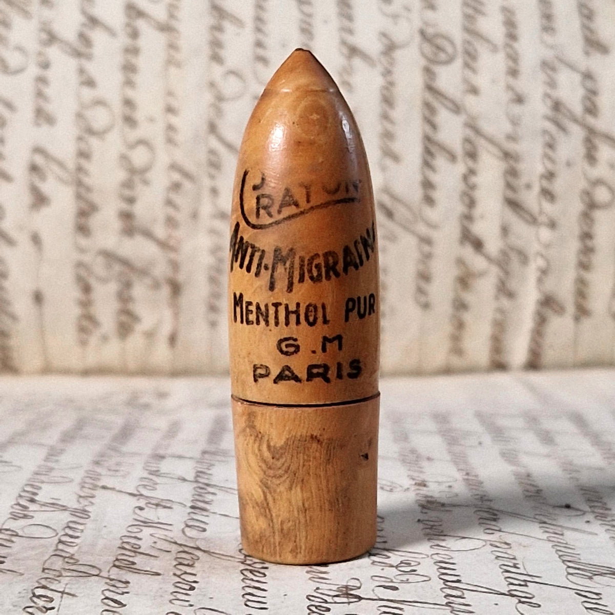 Étui pharmaceutique en bois « Crayon anti-migraine »