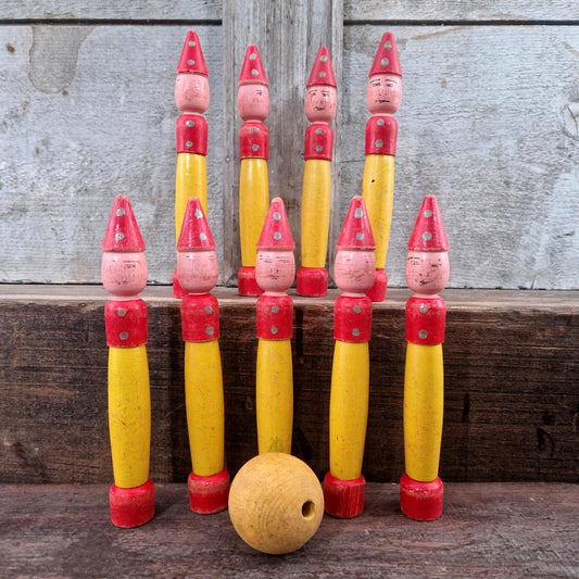 jeu ancien quilles lutins bois peint