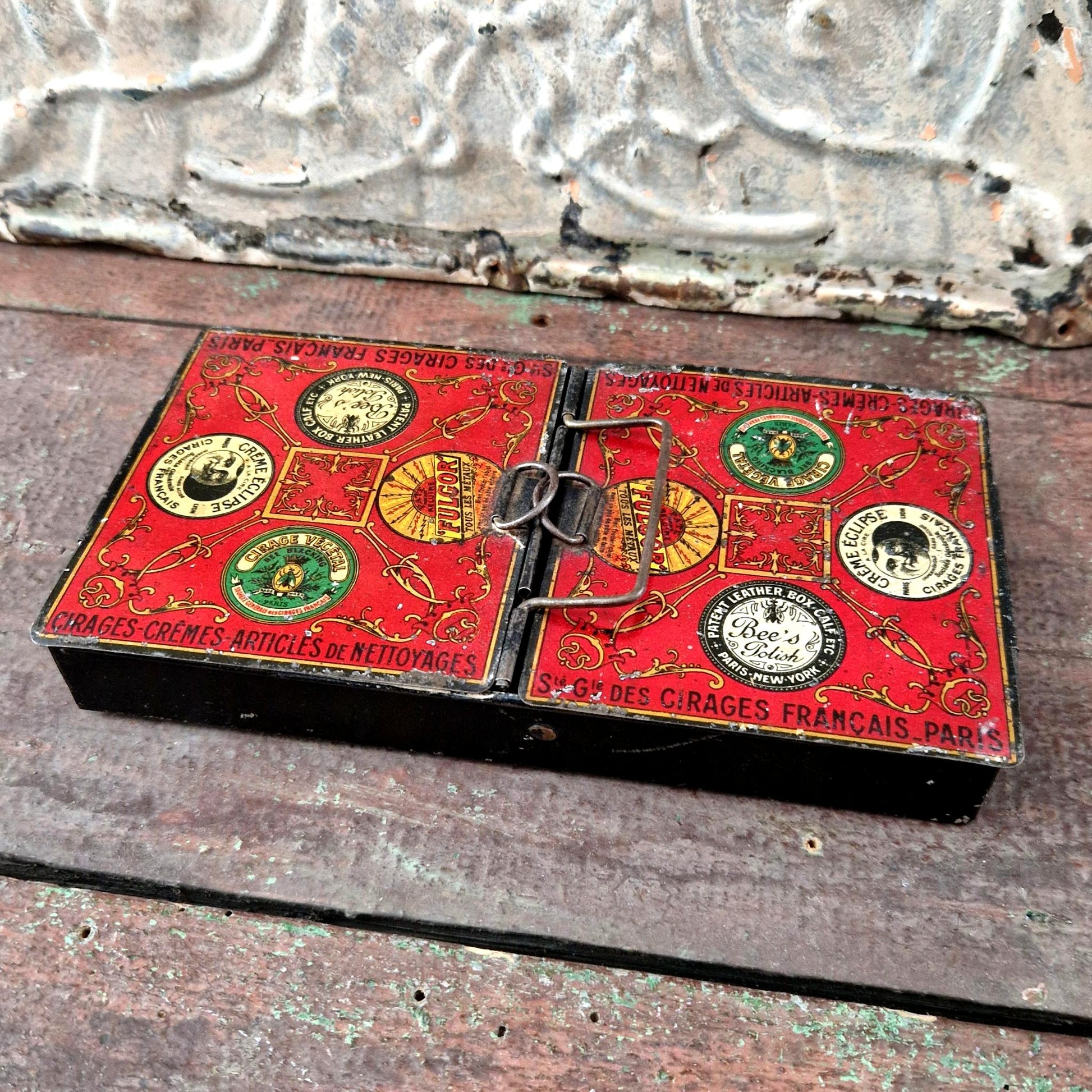 lithographed metal box antique shoe polish