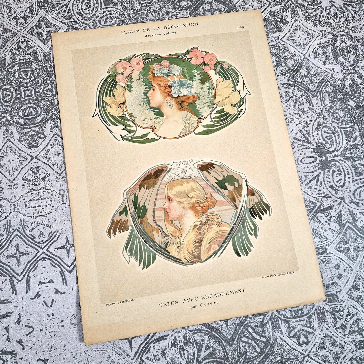 lithographie portrait art nouveau femme 1900