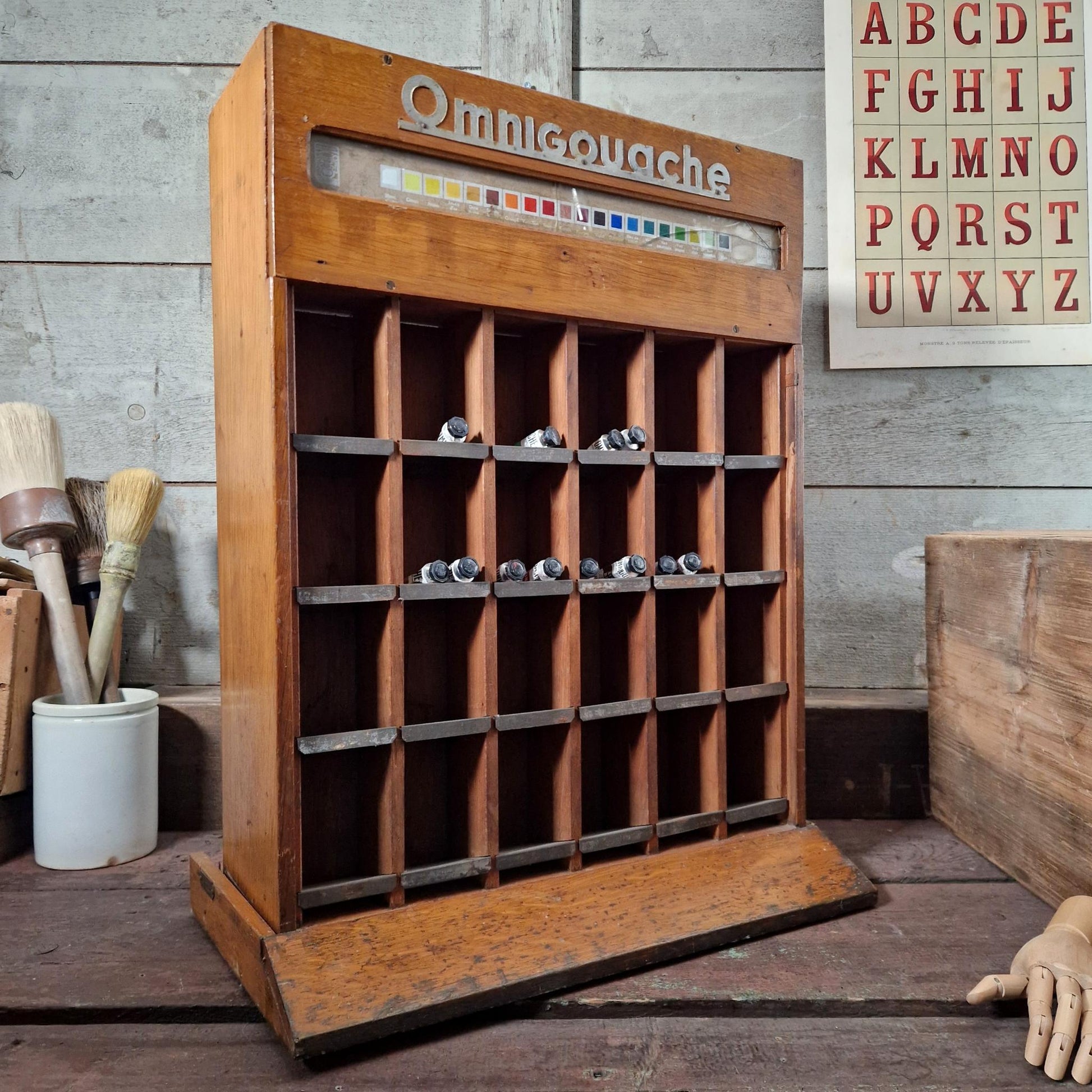 meuble bois presentoir gouache ancien