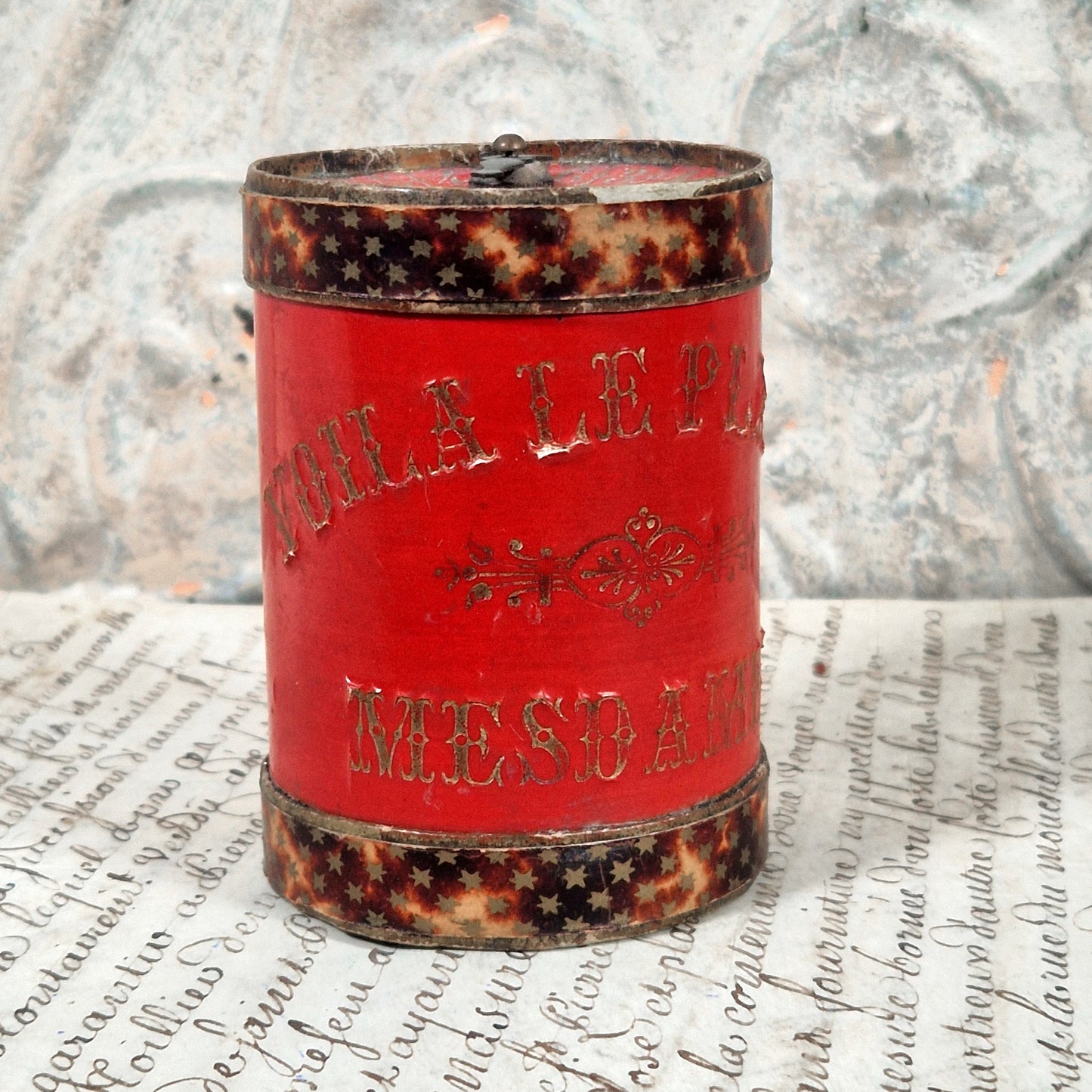 old french game tin red patina
