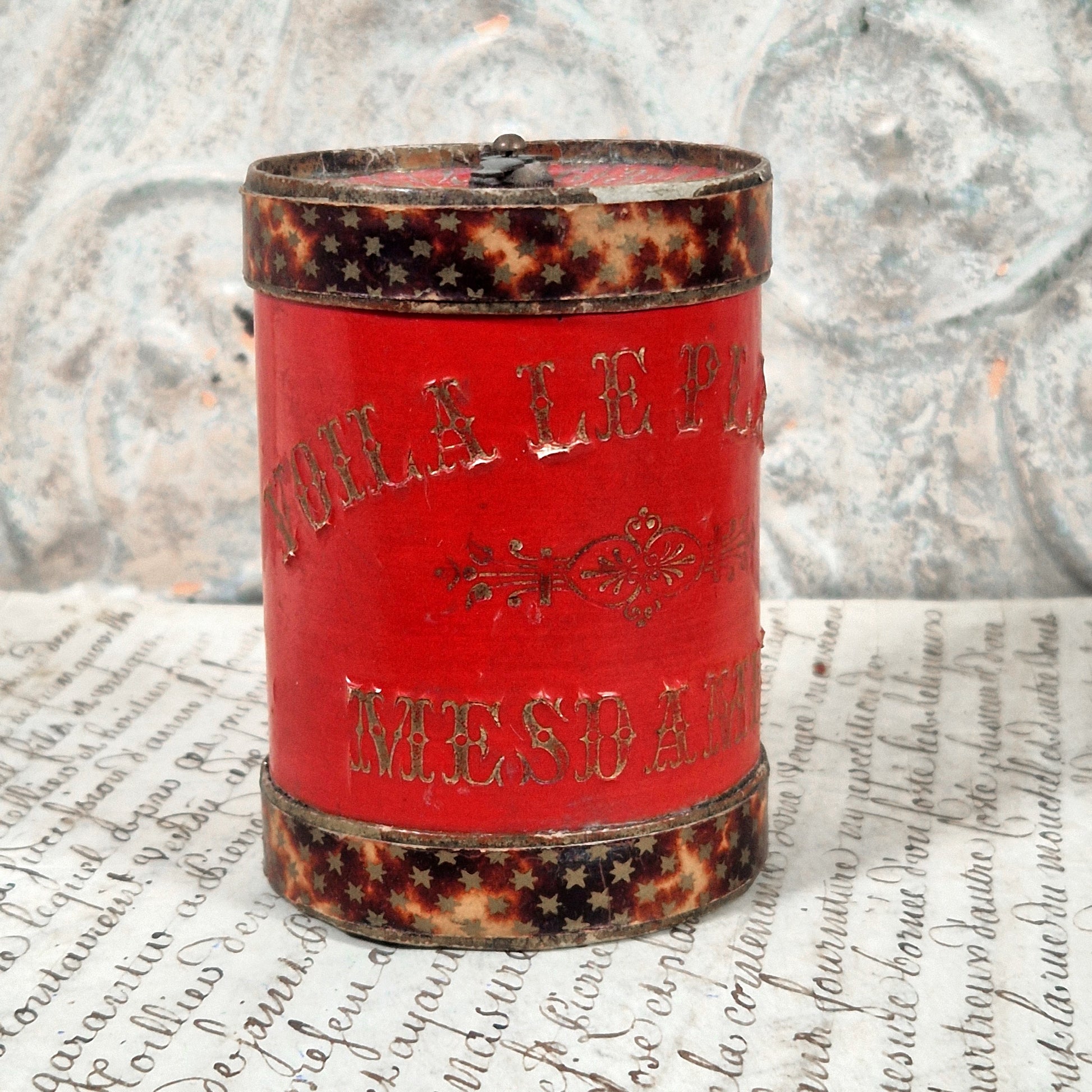 old french game tin red patina