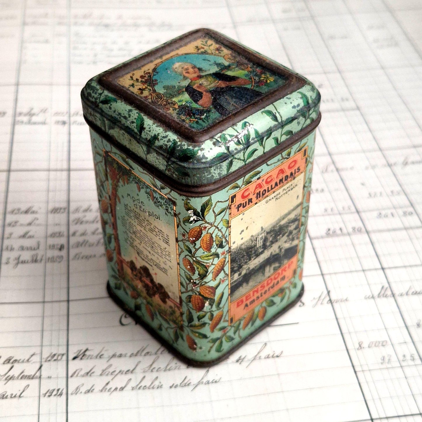 old lithographed cocoa tin rotterdam scenes