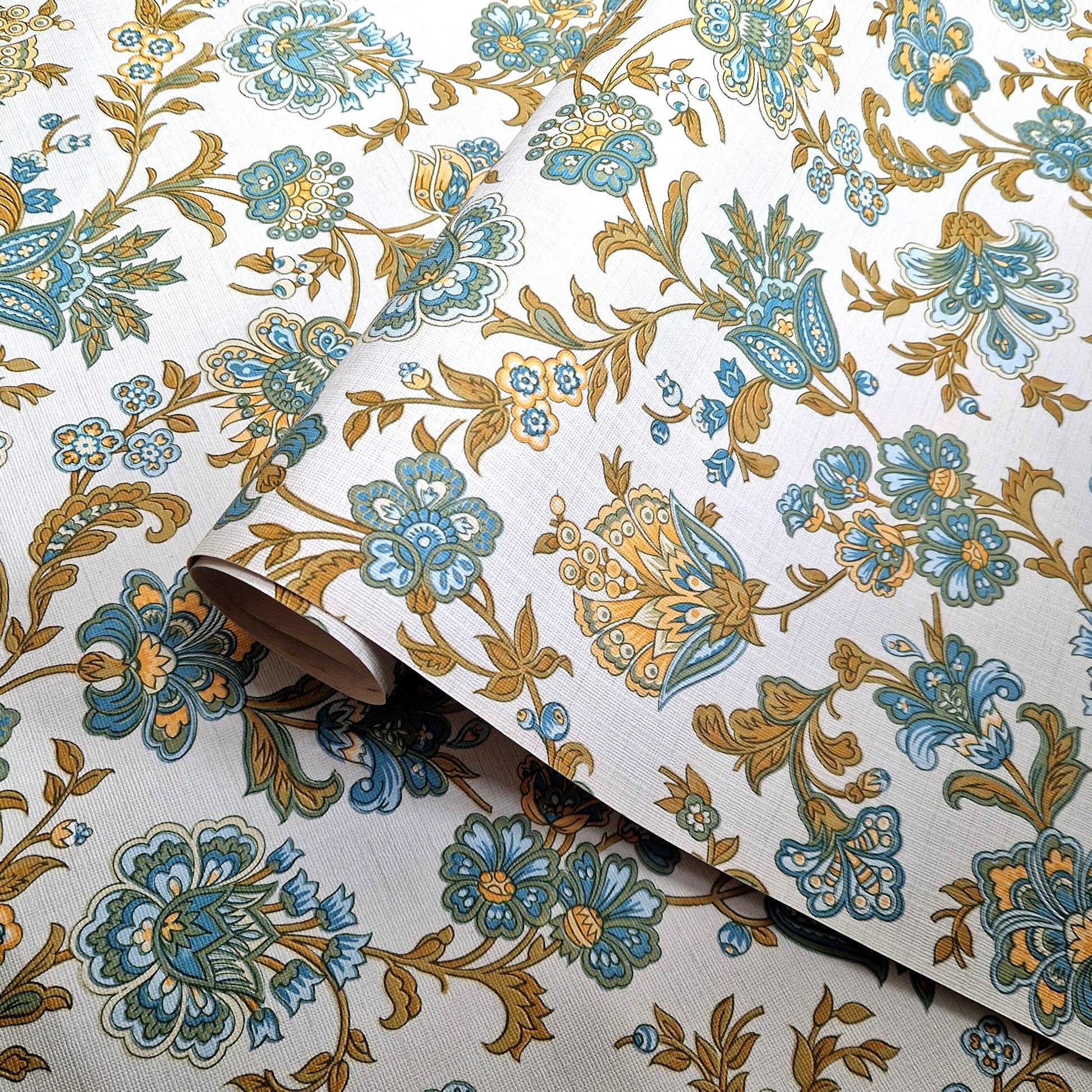 papier peint floral bleu or 1970