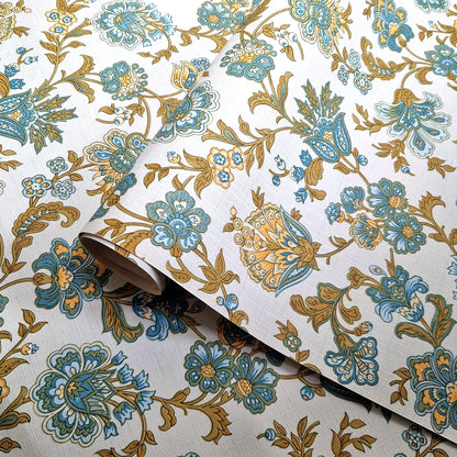 papier peint floral bleu or 1970