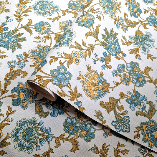 papier peint floral bleu or 1970