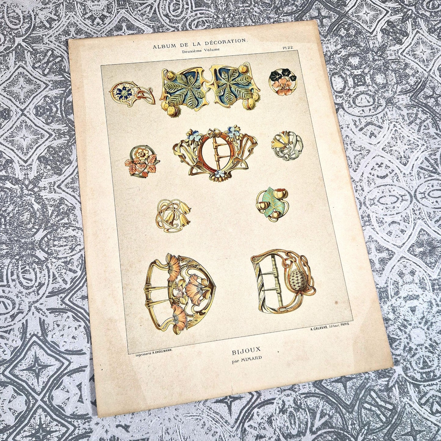 planche lithographie bijoux fleurs 1900