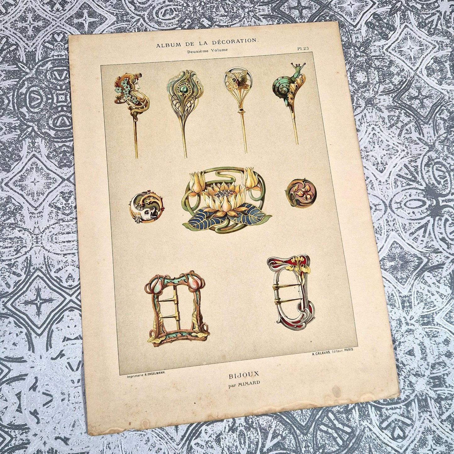 planche lithographie bijoux fleurs 1900