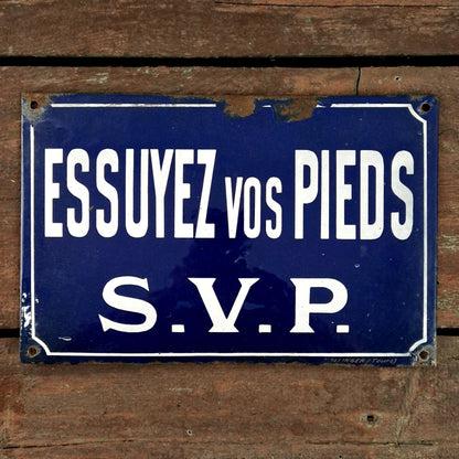 plaque émaillée essuyez vos pieds ancienne